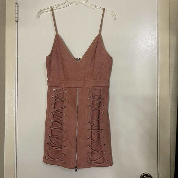 SEEK the label pink suede lace up zipper bodycon dress size Medium - Picture 1 of 6